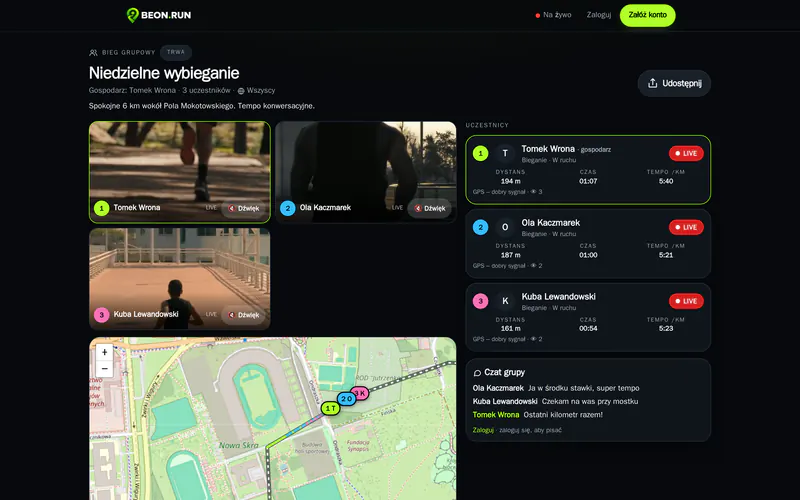 A group run: several live streams and a shared map with every runner's position