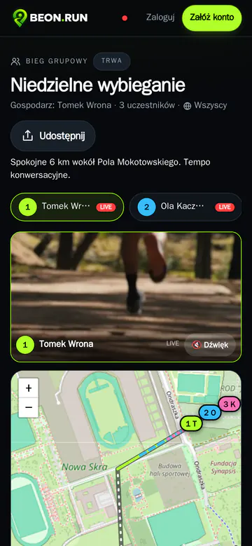 Widok widza biegu grupowego z kilkoma transmisjami i wspólną mapą