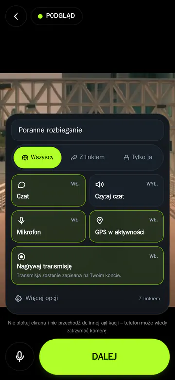 Ekran startu transmisji w telefonie: podgląd kamery, wybór aktywności i przycisk START