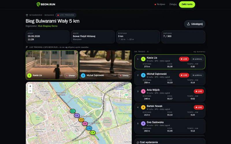 Publiczna strona wydarzenia biegowego z mapą trasy, zawodnikami i transmisjami