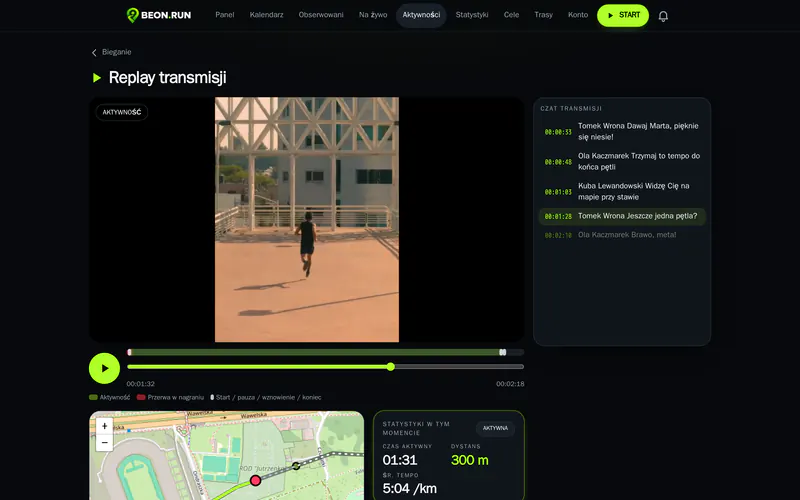A run replay: the stream recording in sync with the route map and timeline