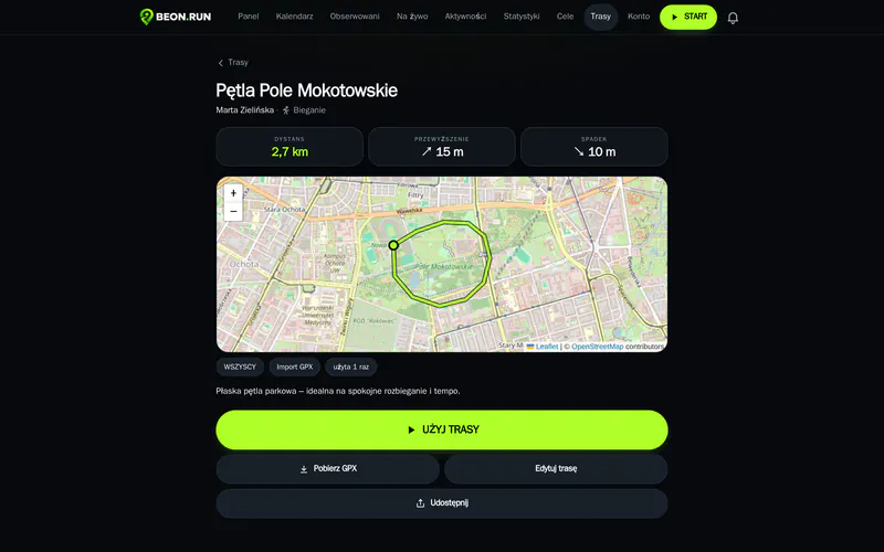 A running route on the map with its profile and length in BEON.RUN
