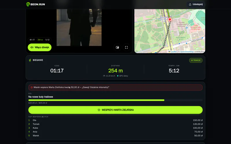 The live viewer page: a highlighted support from Marek, the goal “Na nowe buty trailowe” (new trail shoes) with a progress bar, the support button and top supporters – demo data