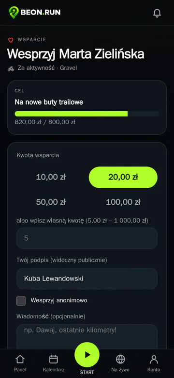 The support page on a phone: support for a gravel ride, the goal “Na nowe buty trailowe” (new trail shoes) with a progress bar, amounts and the supporter's name – demo data