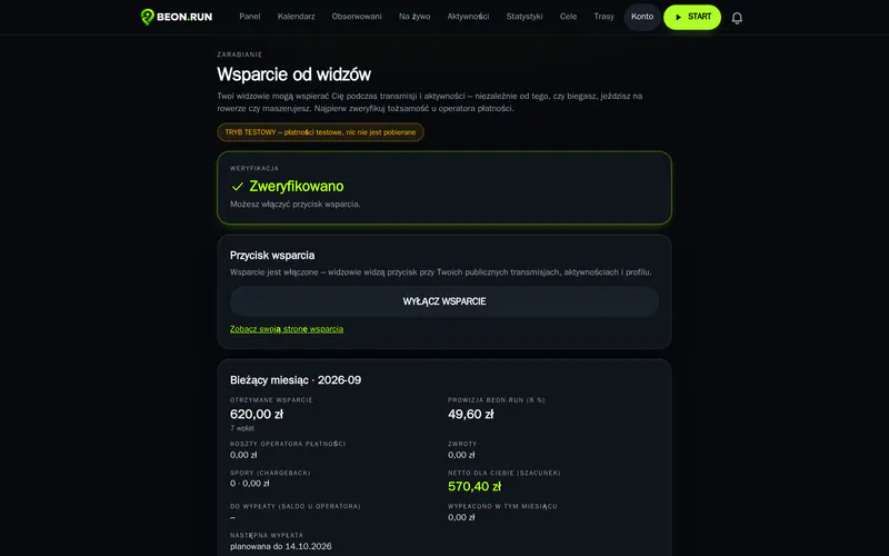 The support panel in a browser: verification status, goal, monthly summary and settlement statements – demo data