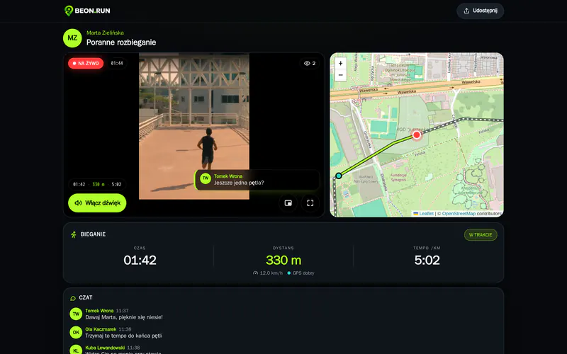 A running stream in the browser with a GPS map, pace and distance
