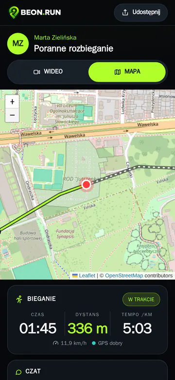 A live GPS map with the route so far, current position, pace and distance